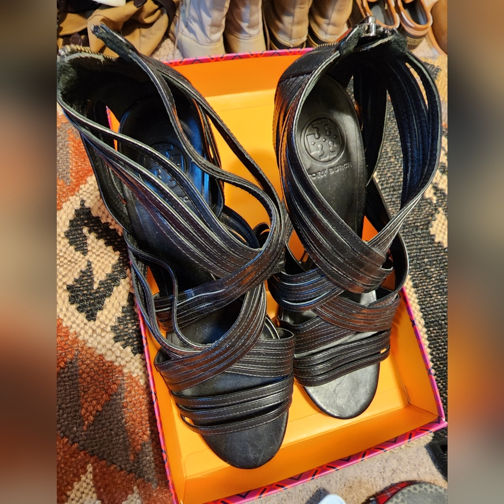 Tory Burch Black Open Toe Strappy Heel